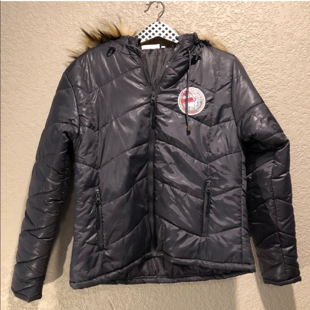 Grey Coat with Fur Trim Collar